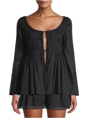 NWT Rebecca Taylor Tie Front cotton Voile Soft Shirt Jacket in Black/Night XL